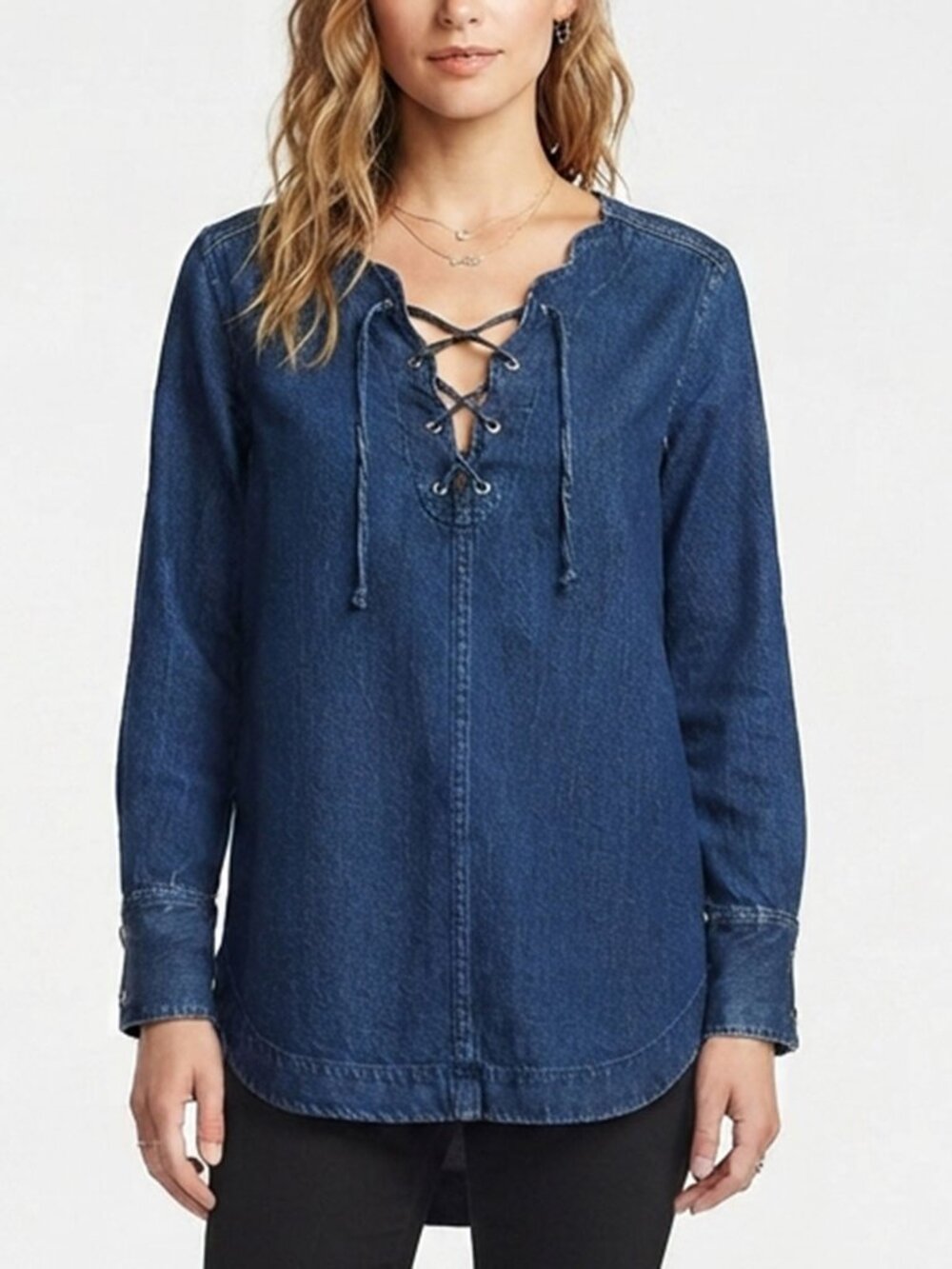 Free People Blue Denim Lace Up Tunic Cotton Top Boho Shirt XS Oversized